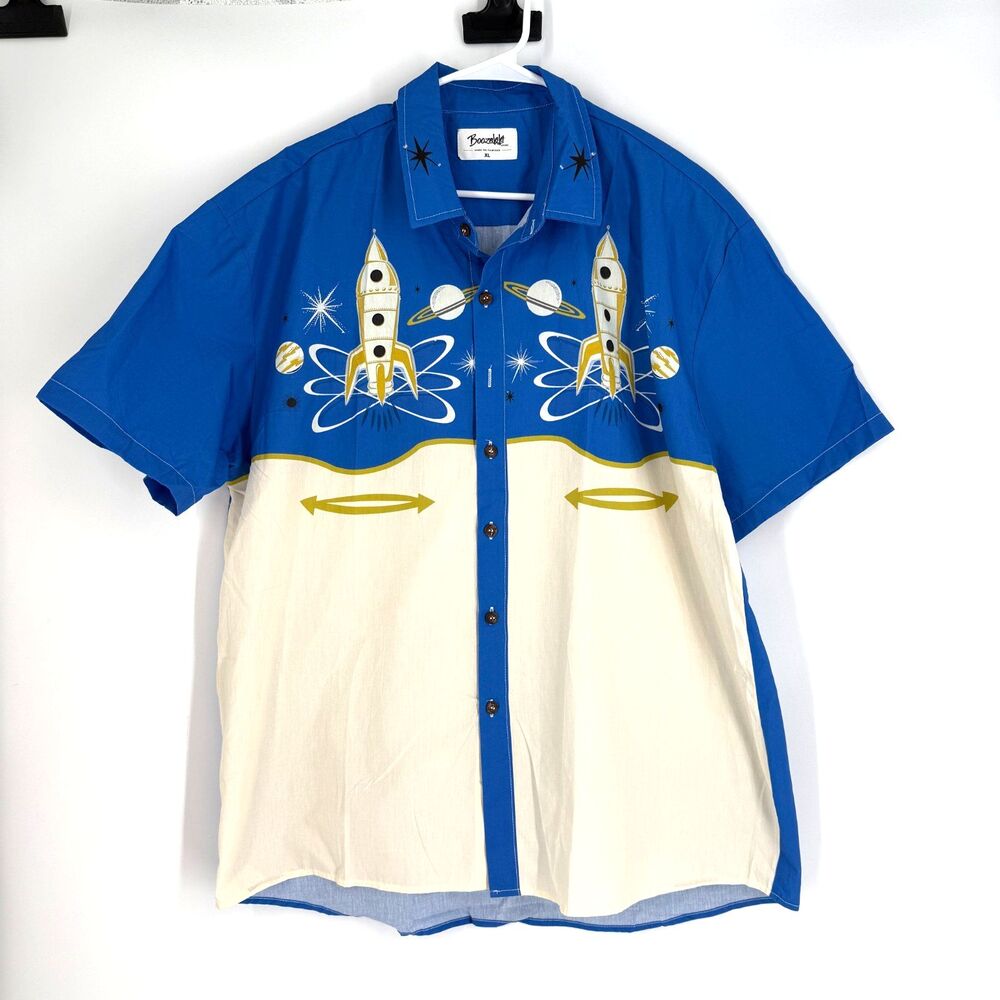 Boozelele Shirt Rocket Ship Retro Space Short Sleeve Button Up Blue Bowl Mens XL